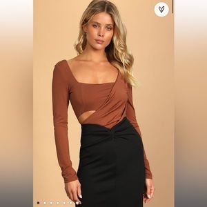 Lulu’s “On the A List” Ruched Long Sleeve Cutout Bodysuit